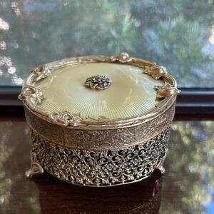Vintage Ornate Gold Tone Filigree Trinket Box with Glass Insert